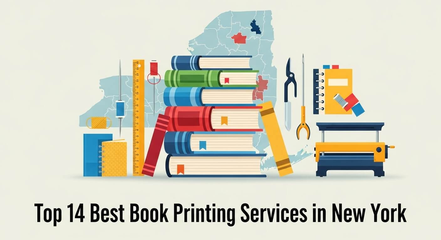"Flat‑vector style illustration of a stack of books, printing tools (ruler, guillotine, binding materials) arranged neatly around a subtle outline of New York State (or NYC boroughs). At the bottom, add bold modern black text: Top 14 Best Book Printing Services in New York